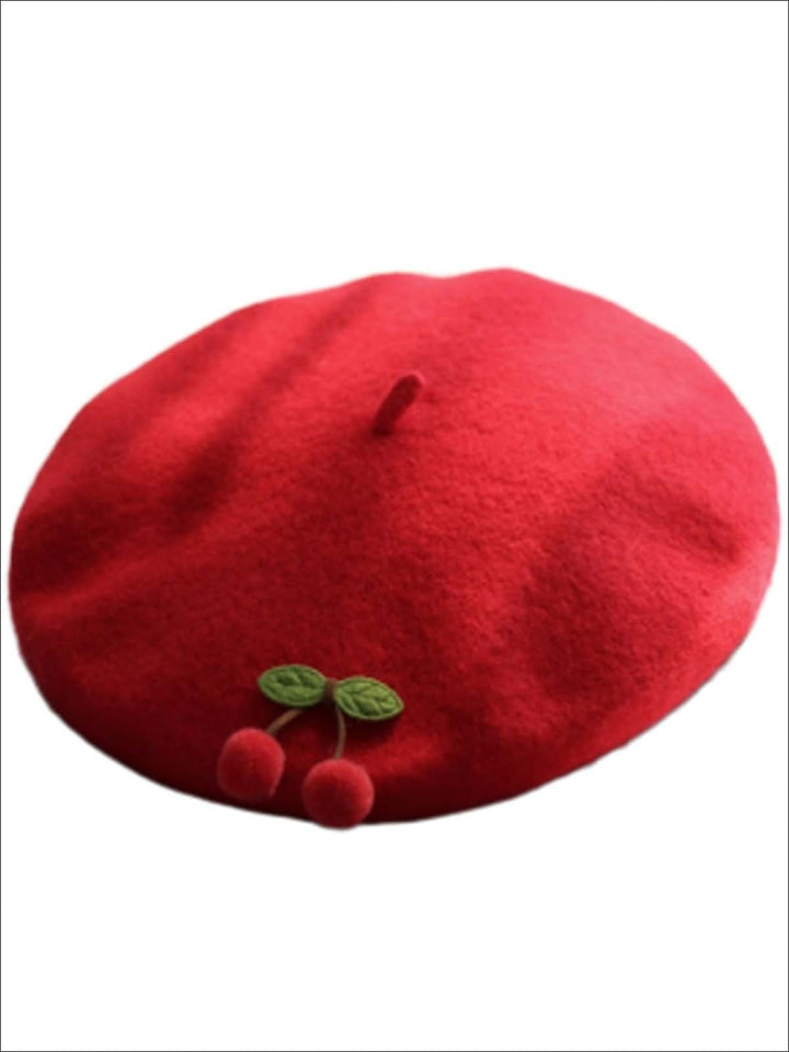 Girls Cherries French Wool Beret - Red - Girls Berets