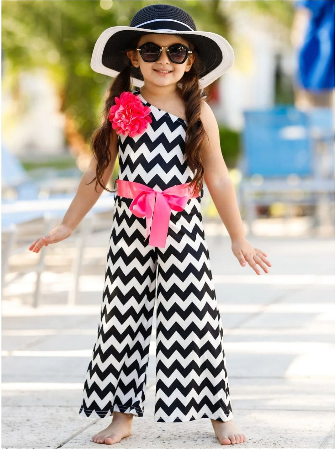 Toddler Spring Outfits | Little Girls Chevron One Shoulder Jumpsuit