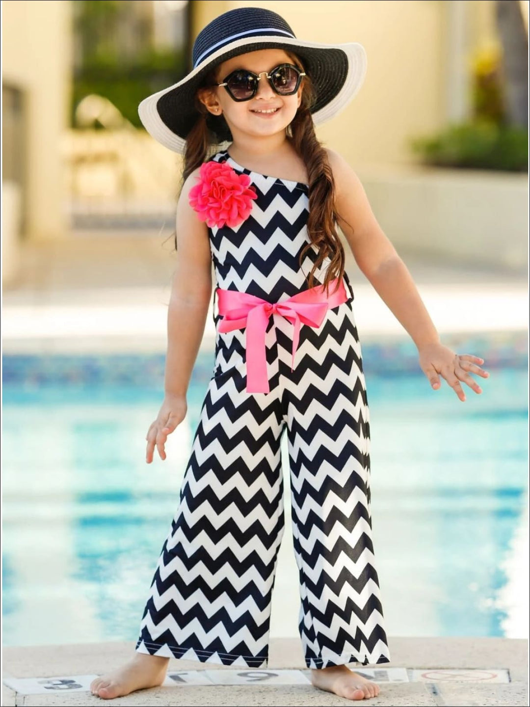 Toddler Spring Outfits | Little Girls Chevron One Shoulder Jumpsuit