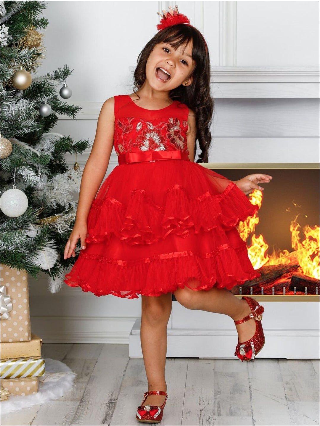 Girls Winter Formal Dress | Chiffon Embroidered Tiered Holiday Dress