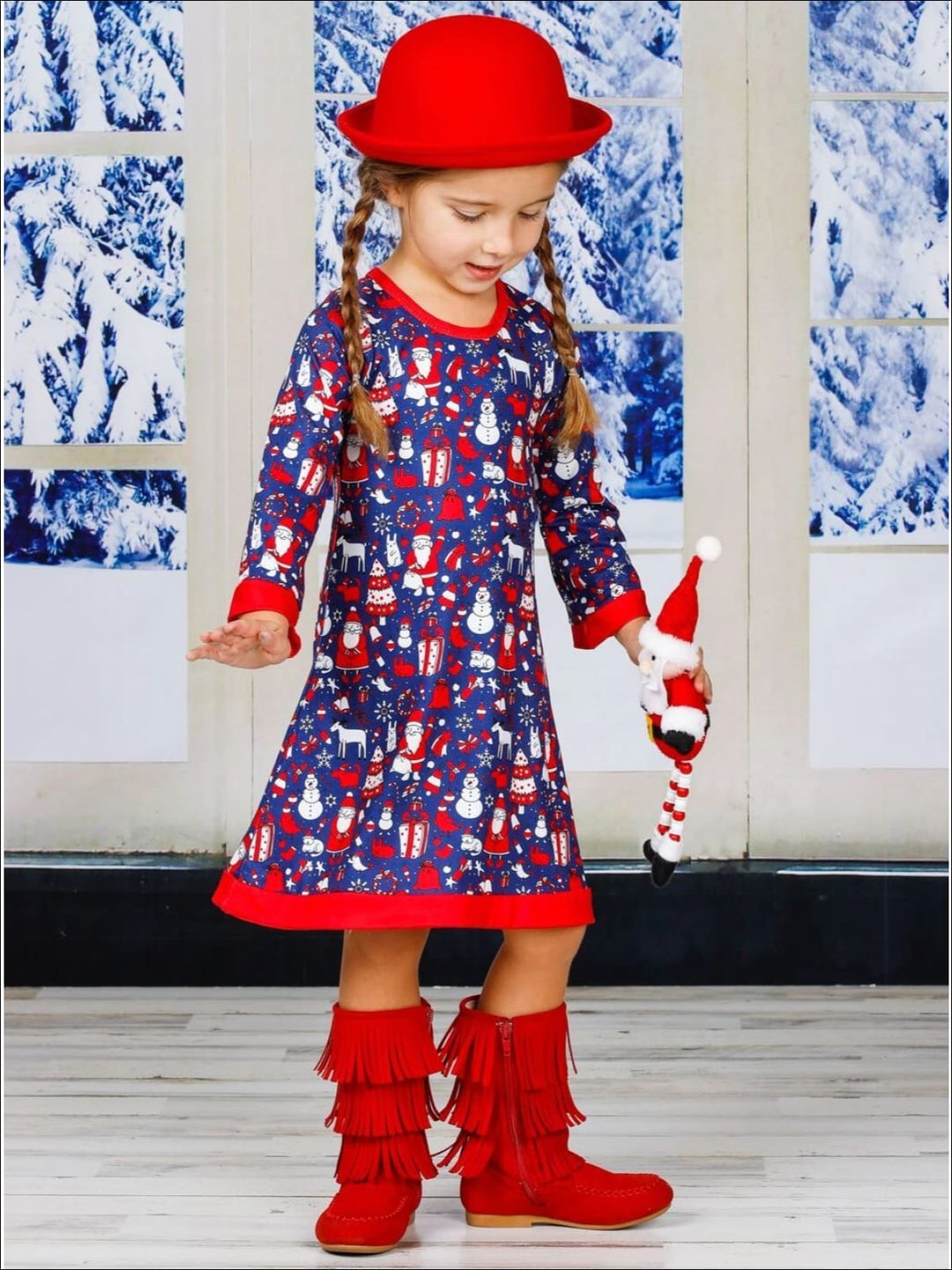 Girls Christmas Print Long Sleeve A-Line Twiggy Dress - Girls Christmas Dress