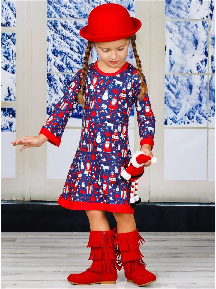 Girls Christmas Print Long Sleeve A-Line Twiggy Dress - Girls Christmas Dress