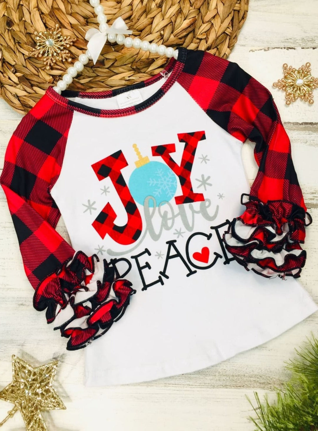 Cute Winter Tops | Girls Joy Love Peace Plaid Ruffle Raglan Top