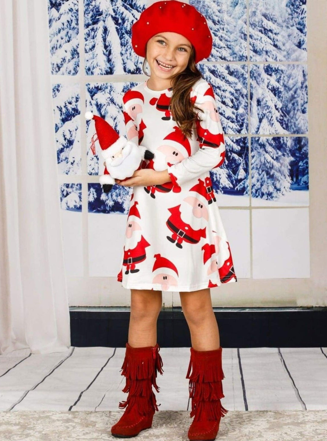 Girls Christmas Themed Long Sleeve Santa Print Dress - Girls Christmas DressGirls Cute Winter Dresses | Long Sleeve Santa Claus Print A-Line Dress