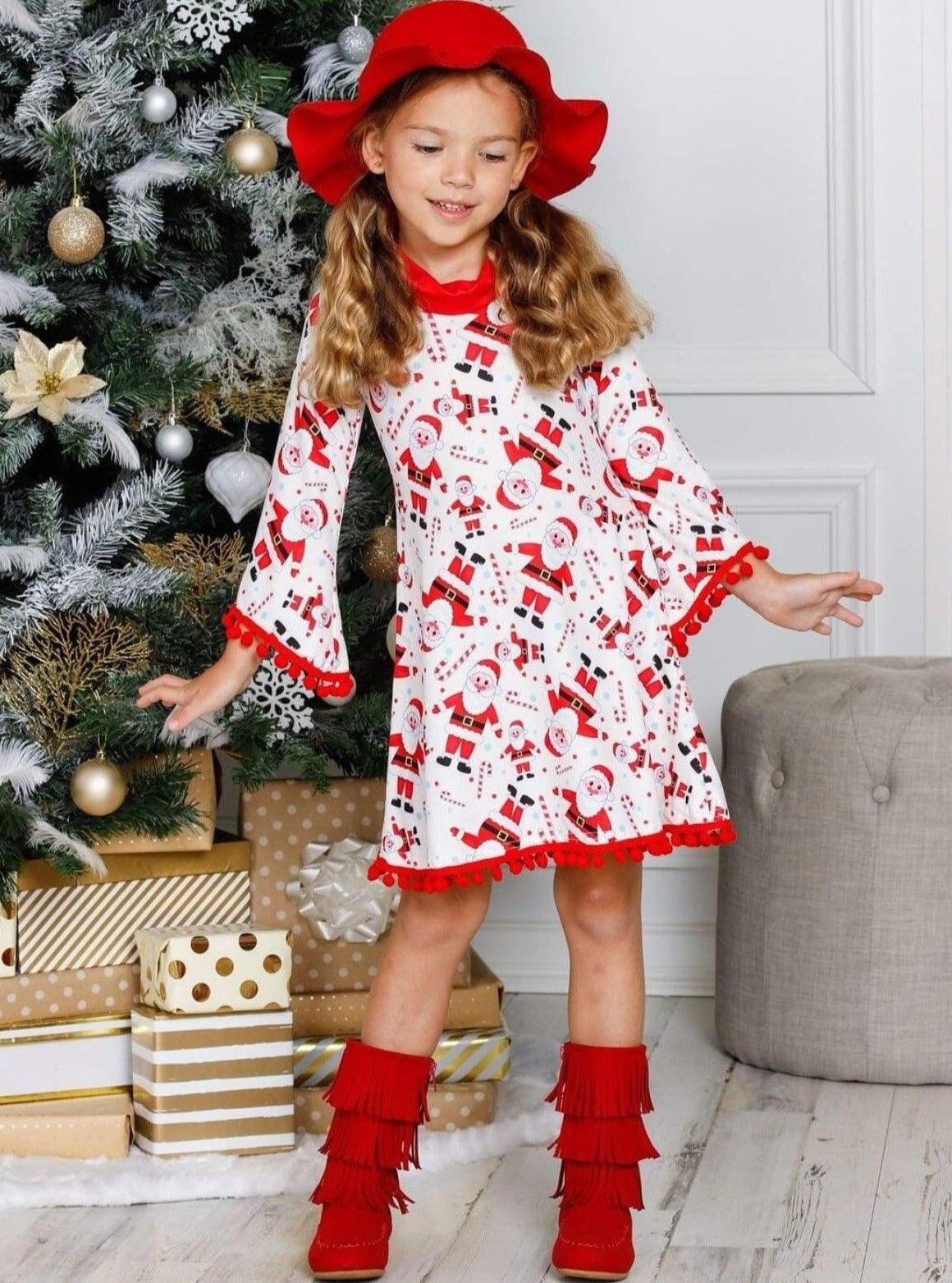 Girls Christmas Themed Long Sleeve Turtleneck A Line Sweater Dress wit Mia Belle Girls