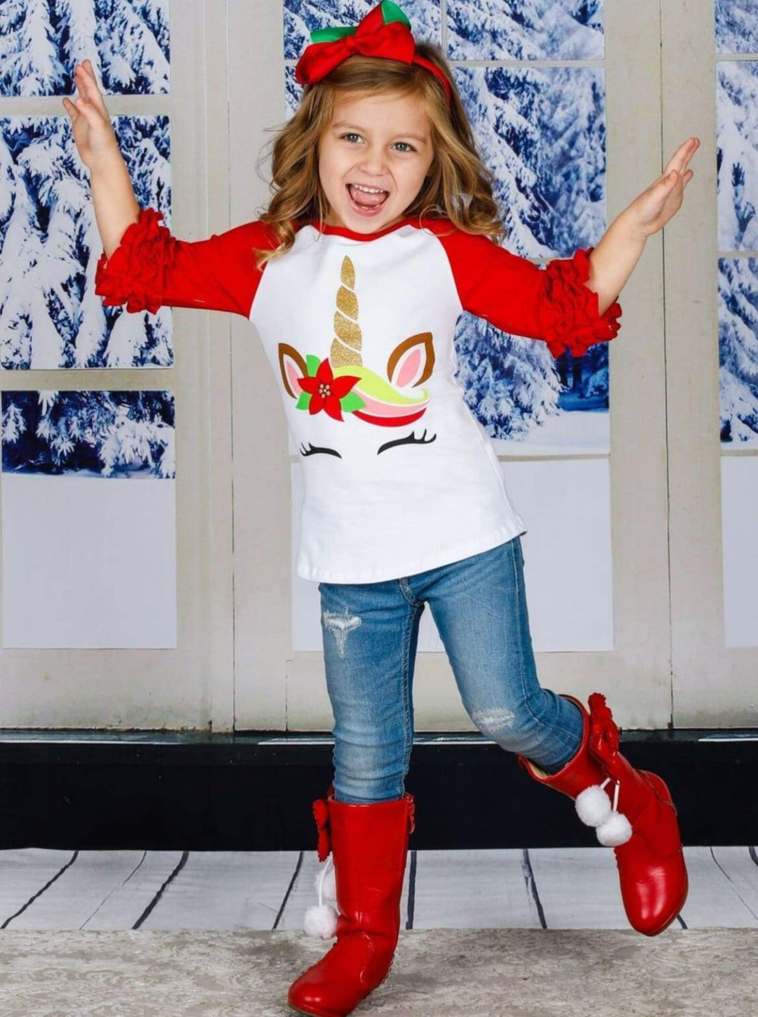 Girls Christmas Themed Poinsettia Unicorn Ruffled Long Raglan Sleeve Top - Fall Graphic Top