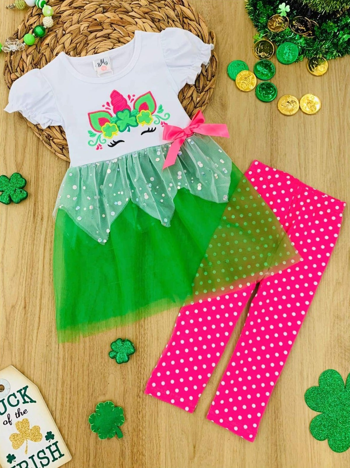 St. Patrick s Day Clothes Unicorn Tutu Tunic Polka Dot Legging Set Mia Belle Girls