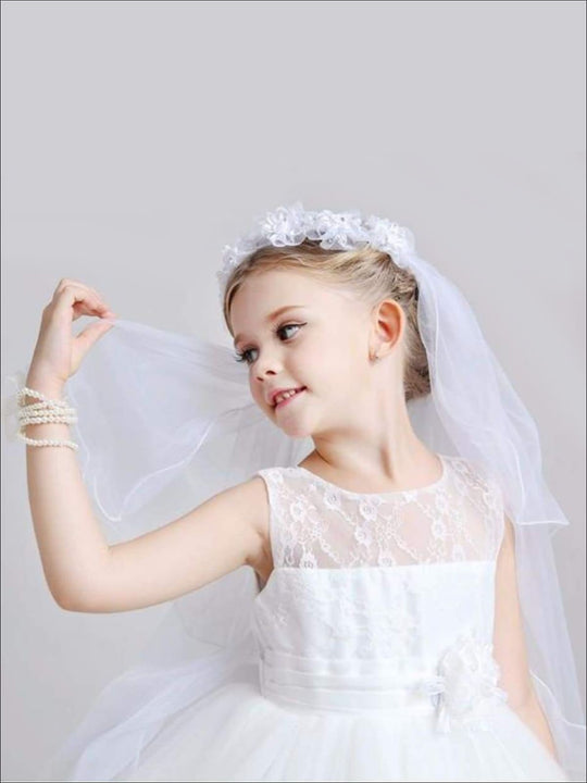 Girls Communion Floral Beaded Hairband and Tiered Veil – Mia Belle Girls