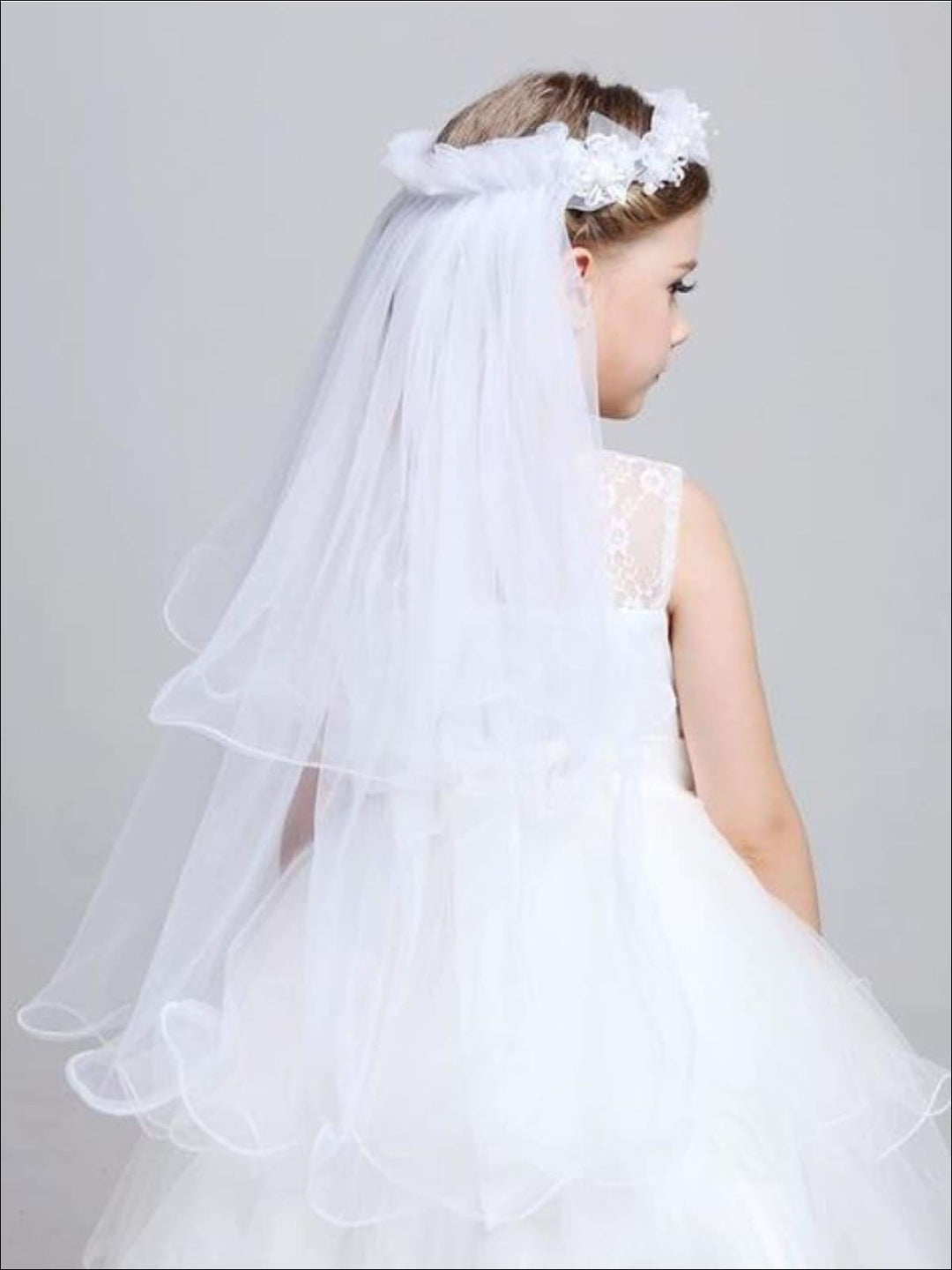 Girls Communion Floral Beaded Hairband & Tiered Veil - white / One Size - Communion Headband