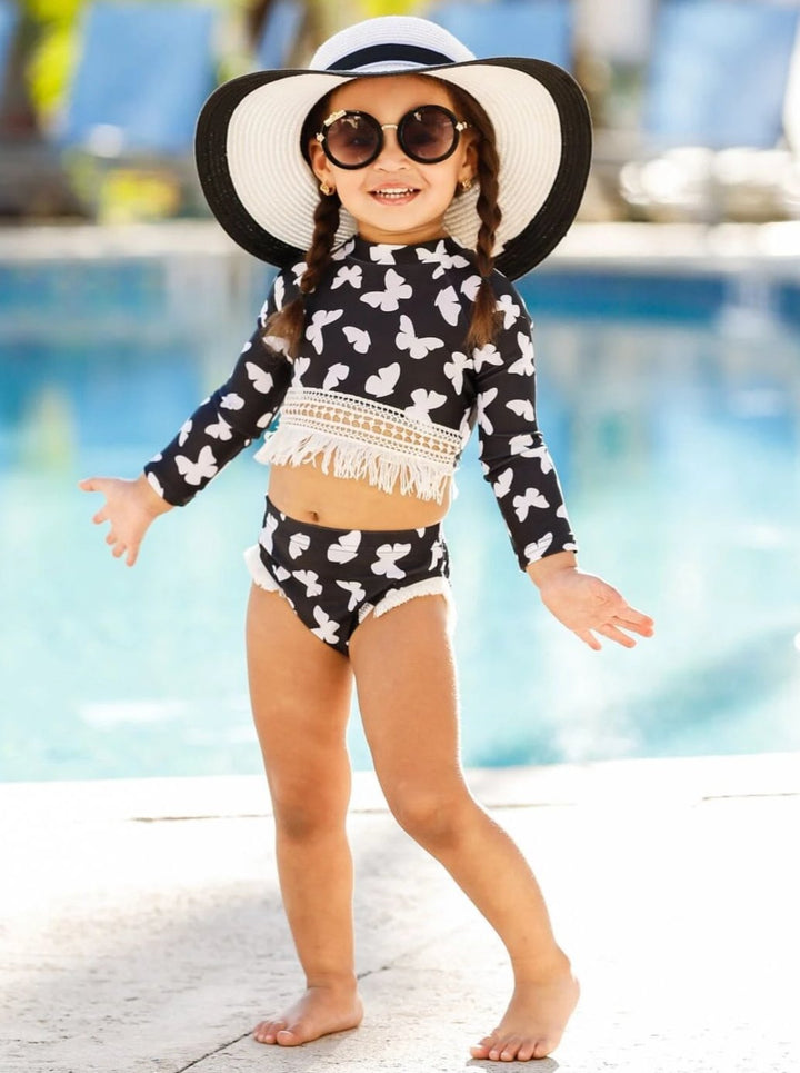 Toddler Rash Guard Swimsuit | Girls Crochet Hem Two Piece Swimsuit