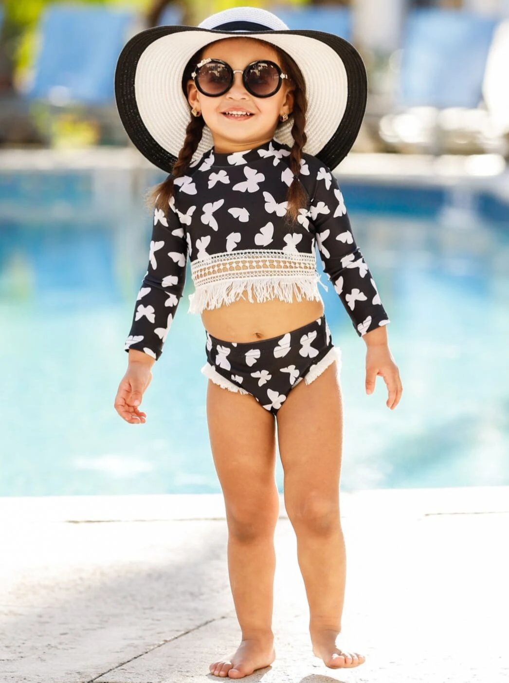 Toddler Rash Guard Swimsuit | Girls Crochet Hem Two Piece Swimsuit