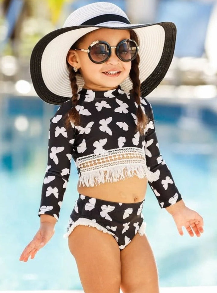 Toddler Rash Guard Swimsuit | Girls Crochet Hem Two Piece Swimsuit