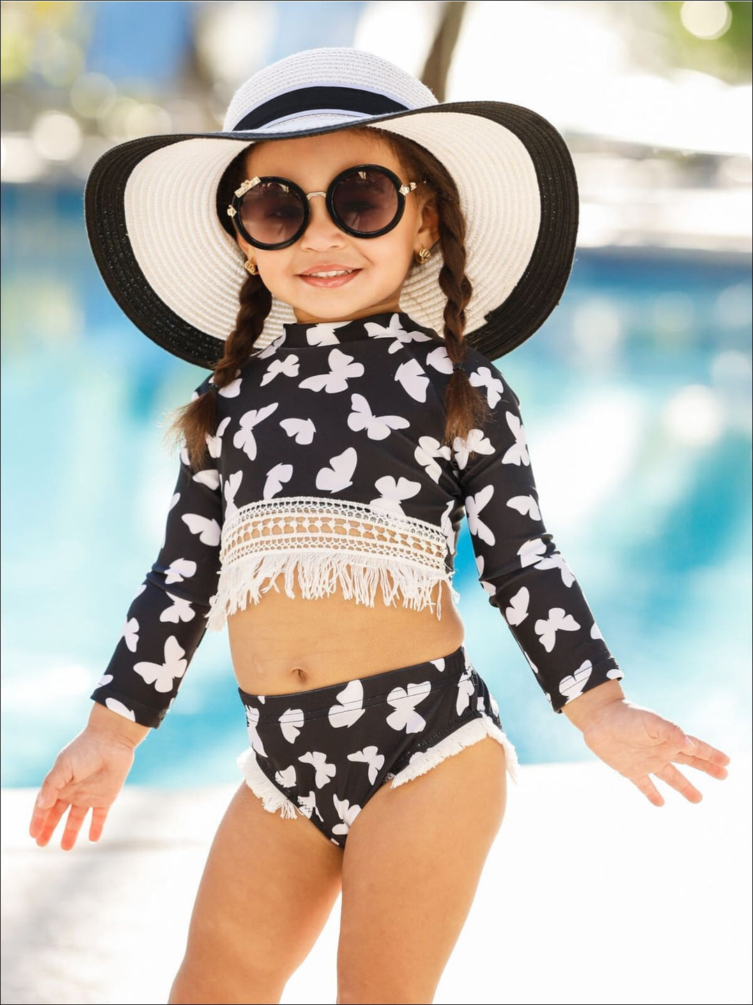 Toddler Rash Guard Swimsuit | Girls Crochet Hem Two Piece Swimsuit