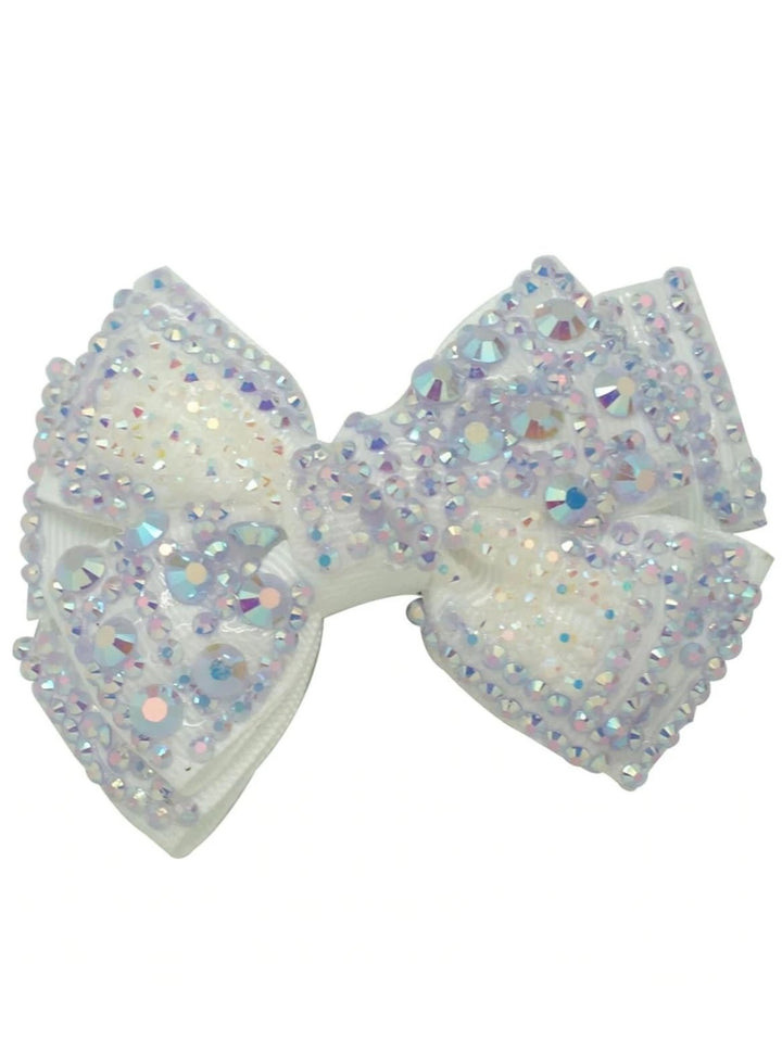 Girls Crystal Rhinestone Embellished Bow Hair Clips - Silver - Hair Accessories