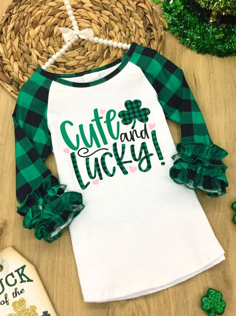 St. Patrick's Day Clothes | Girls Clover Plaid Raglan Ruffle Cuff Top