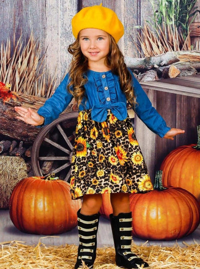 Little Girls Fall Dress | Chambray Top Floral Dress - Mia Belle Girls