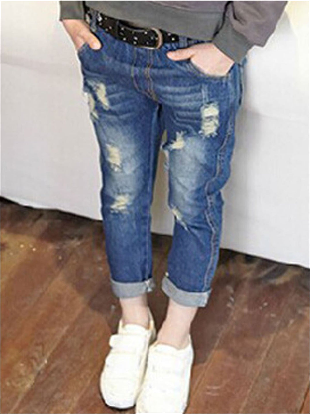 Kids Denim Clothes | Distressed Faded Cuffed Jeans | Mia Belle Girls