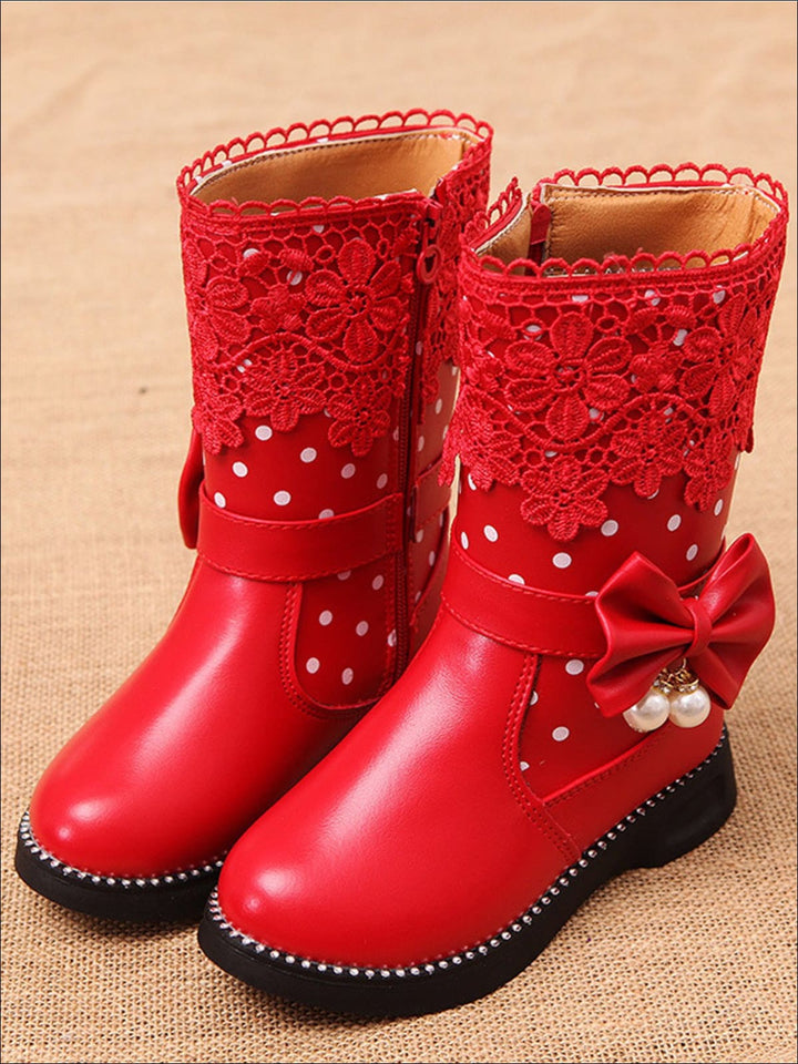 Girls Dotted & Lacey Bow Applique Mid-Calf Princess Boots - Red / 1 - Girls Boots