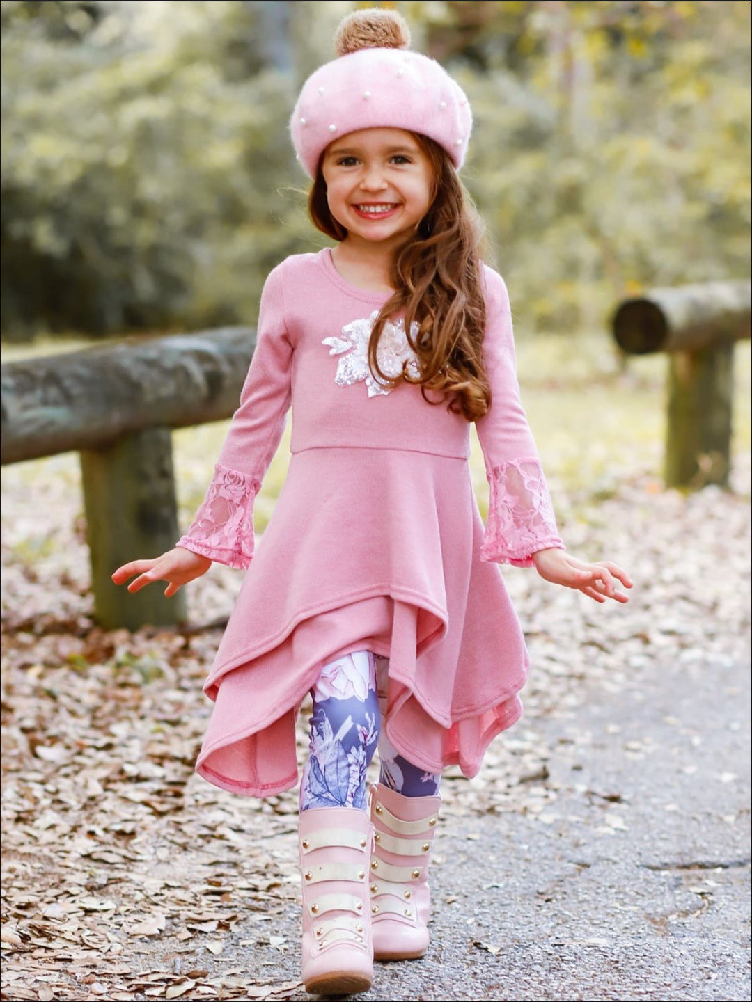 Girls Shark Bite Tiered Tunic & Floral Leggings Set - Mia Belle Girls