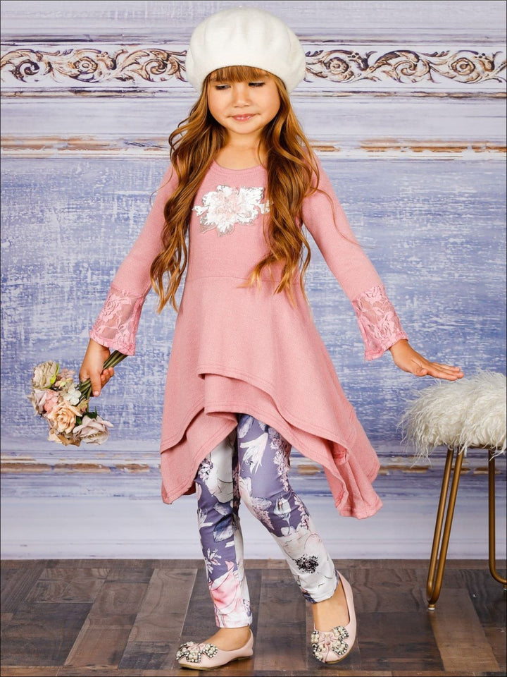 Girls Shark Bite Tiered Tunic & Floral Leggings Set - Mia Belle Girls