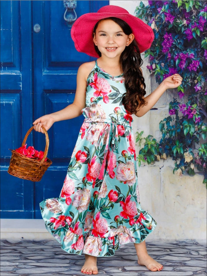 Little Girls Spring Jumpsuits | Floral Print Ruffle Palazzo Jumpsuit