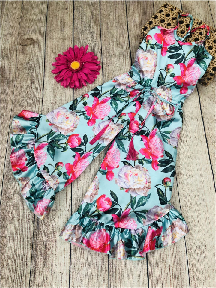 Little Girls Spring Jumpsuits | Floral Print Ruffle Palazzo Jumpsuit