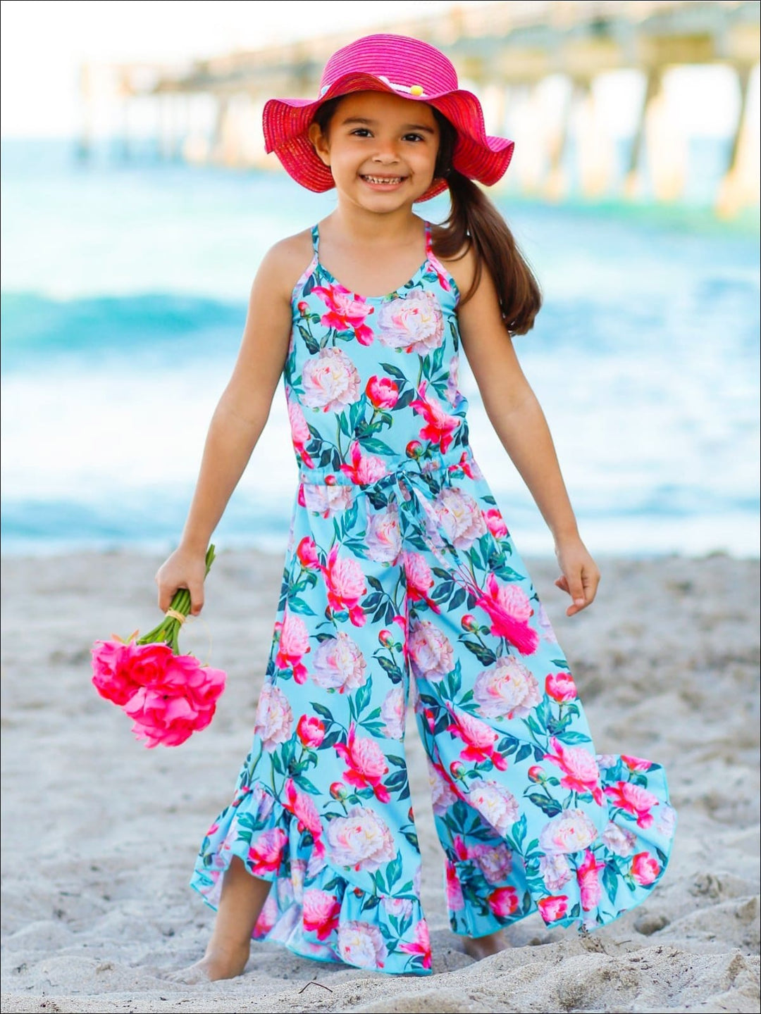 Little Girls Spring Jumpsuits | Floral Print Ruffle Palazzo Jumpsuit