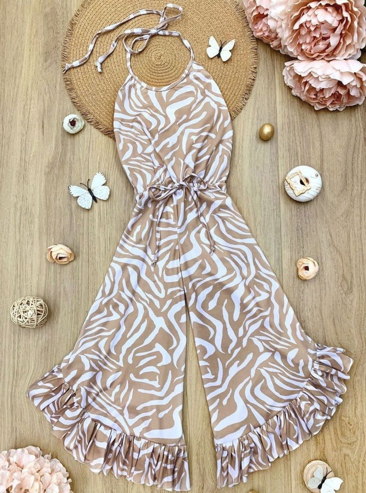 Girls Spring Outfits | Halter Top Drawstring Ruffled Palazzo Jumpsuit 