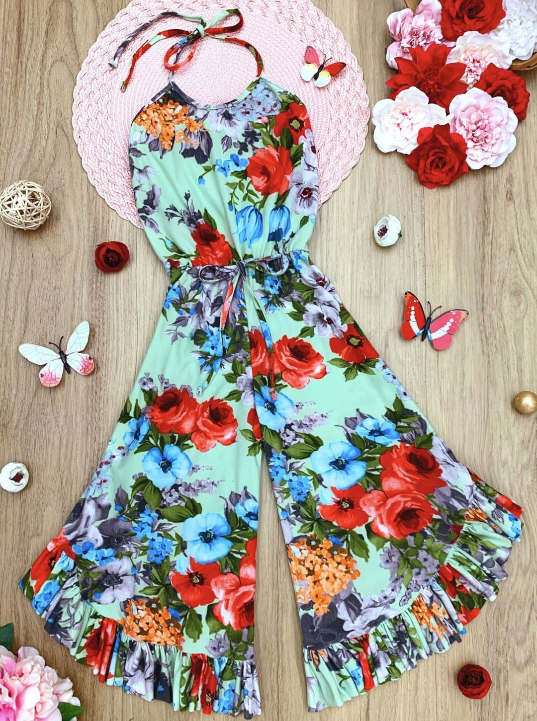 Girls Spring Outfits | Halter Top Drawstring Ruffled Palazzo Jumpsuit 