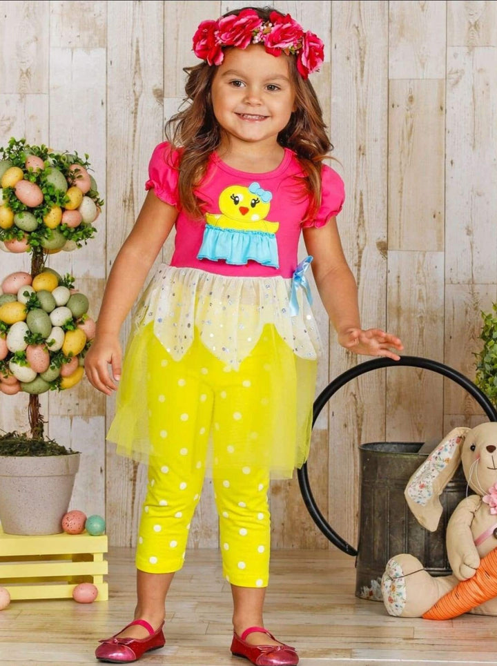 Girls Spring Easter-themed set features ruffle sleeves, chick applique, and two-tier sequin tulle hem with stretchy polka dot capris-length leggings for 2T to 10Y toddlers and girls