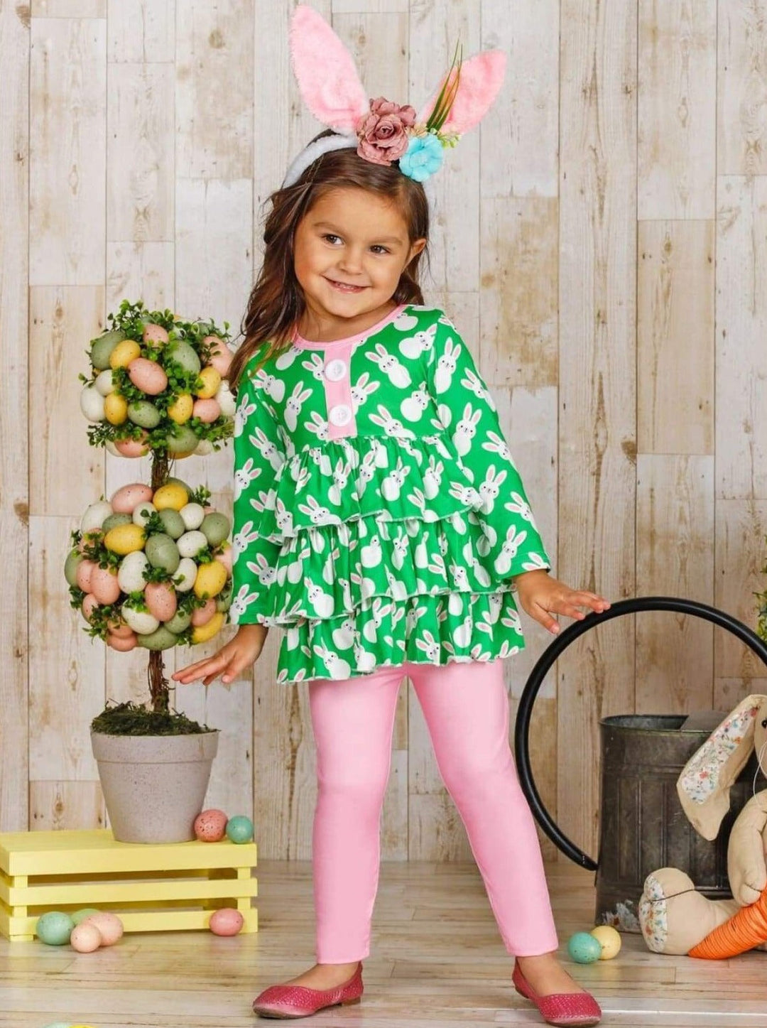 Girls Easter Themed Faux Buttoned Tiered Ruffled Tunic & Leggings Set- Girls Easter Set