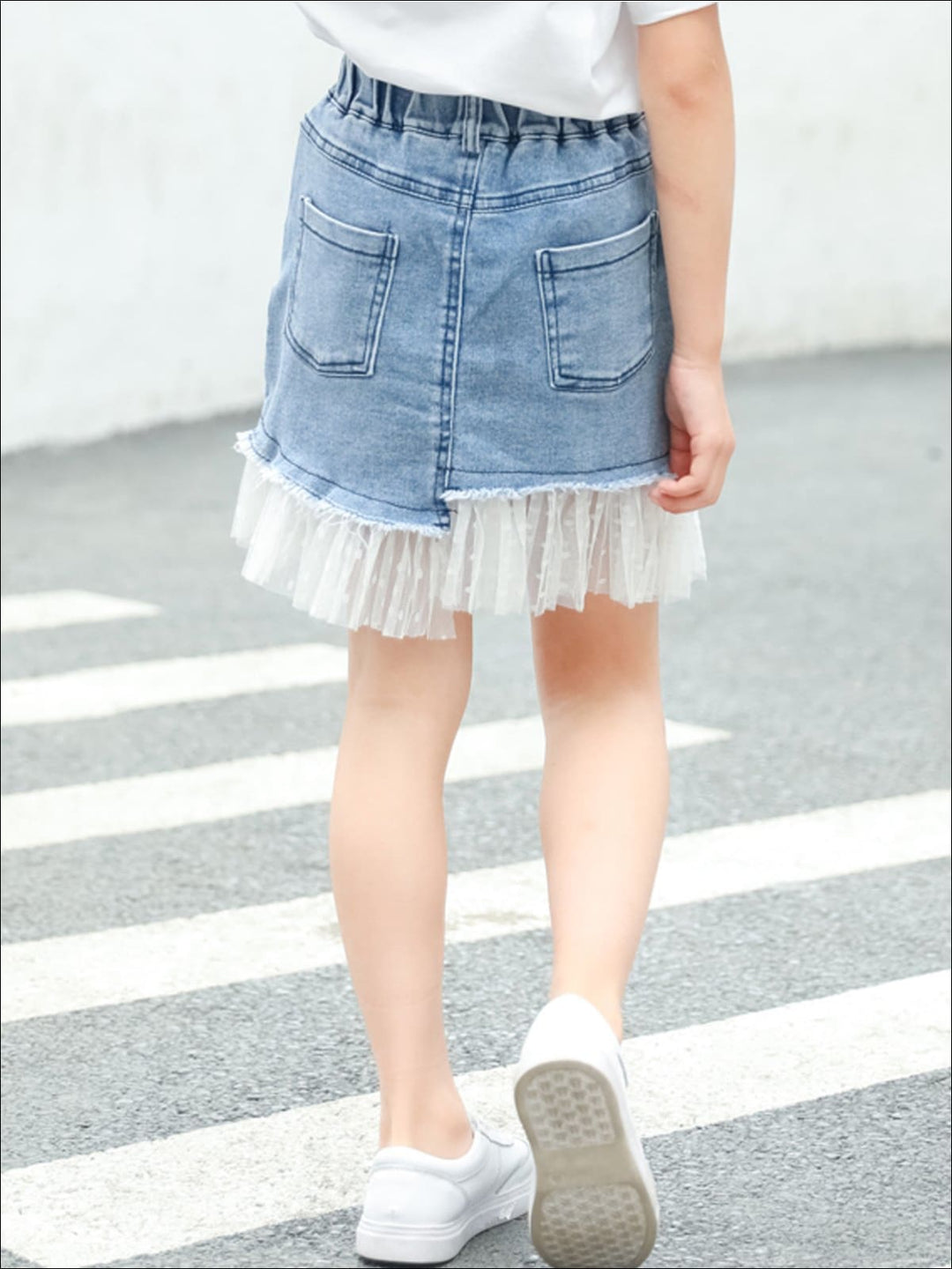 Kids Denim Clothes | Swiss Lace Hem Denim Skirt | Mia Belle Girls