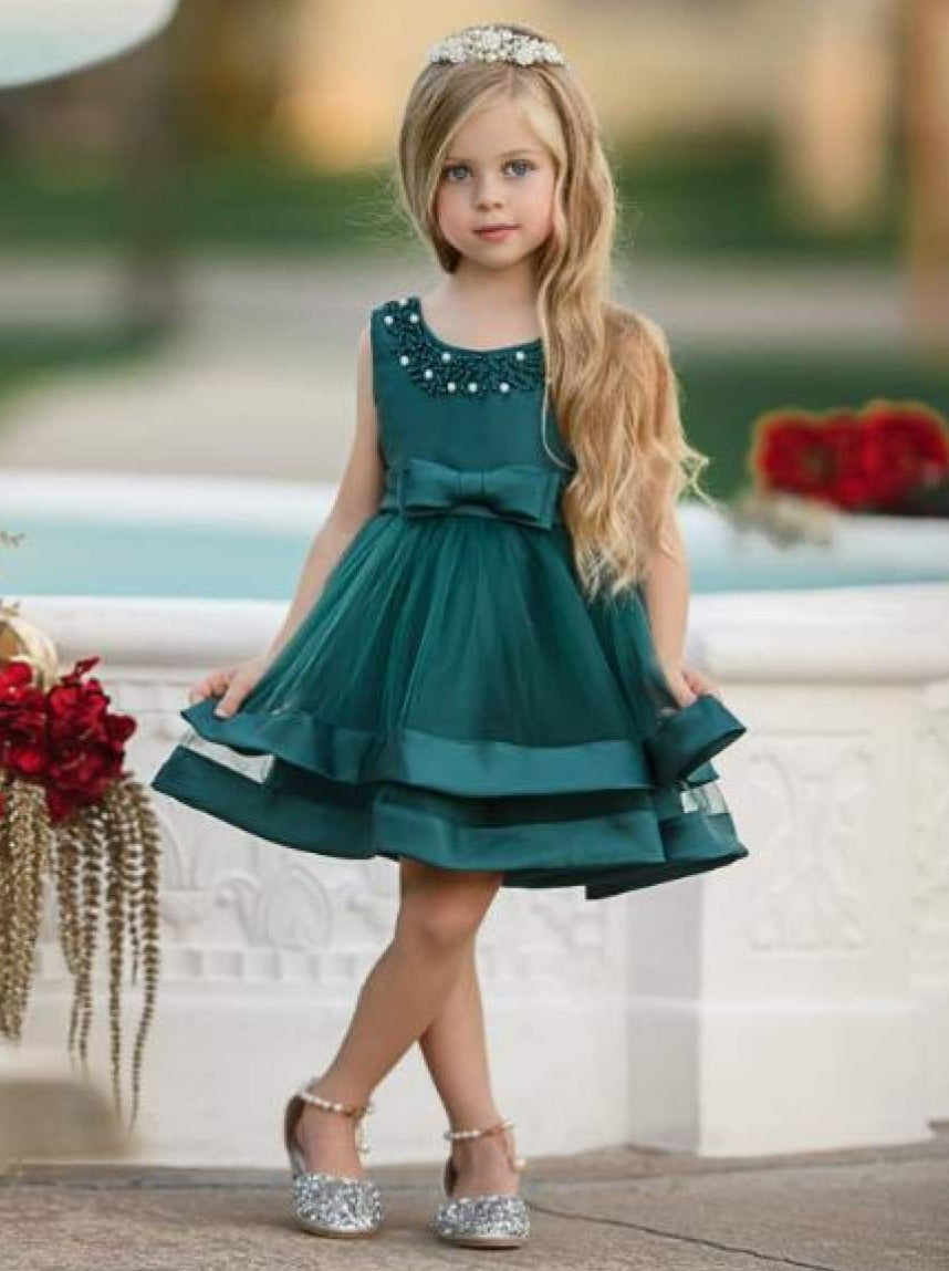 Girls Special Occasion Dress | Pearl Embellished Layered Satin Dress