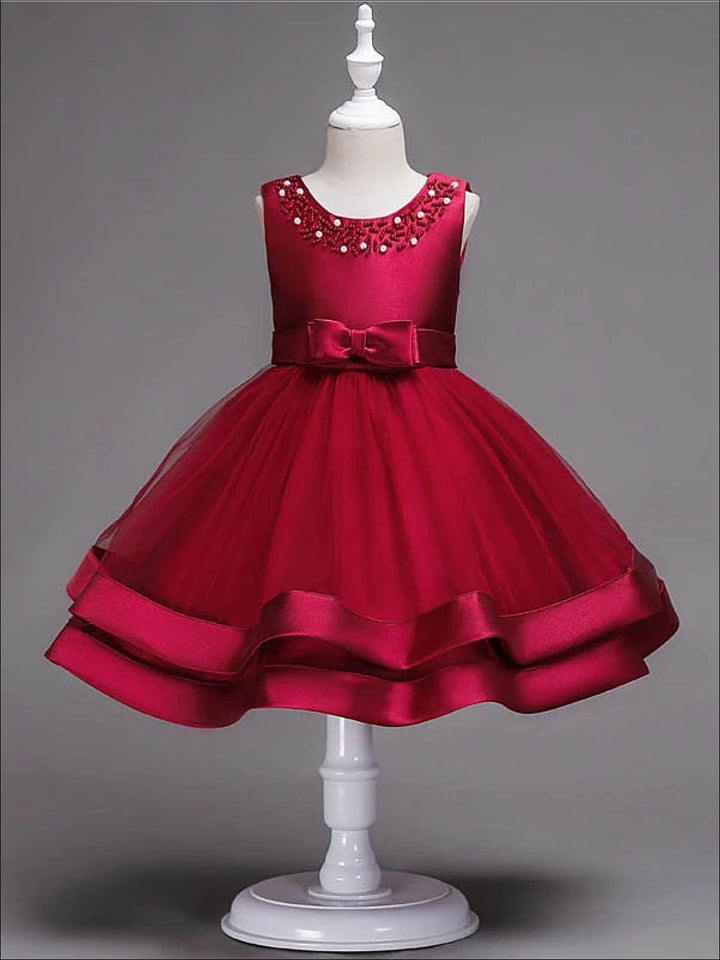 Girls Special Occasion Dress | Pearl Embellished Layered Satin Dress