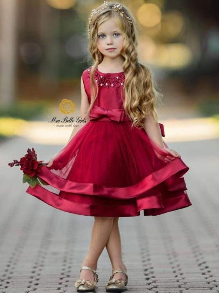 Girls Special Occasion Dress | Pearl Embellished Layered Satin Dress