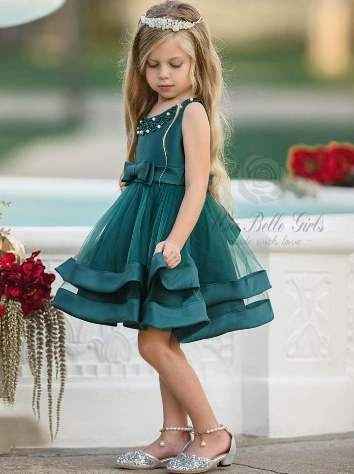 Girls Special Occasion Dress | Pearl Embellished Layered Satin Dress