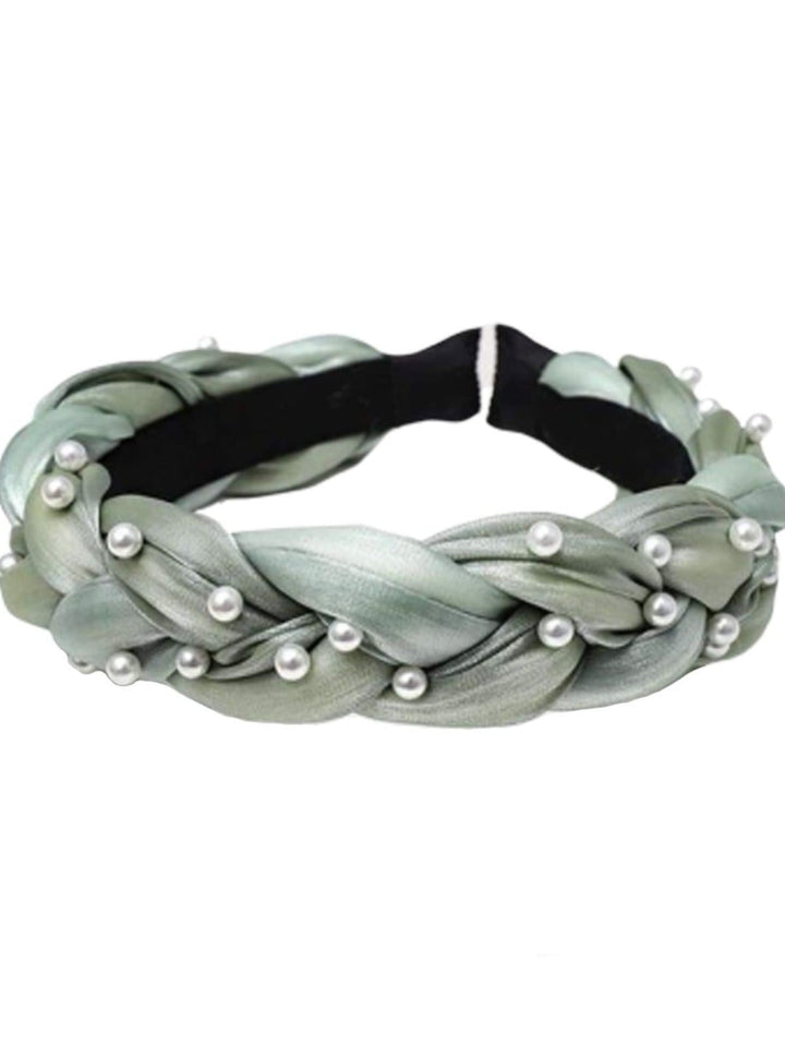 Girls Elegant Pearl Embellished Weave Braid Headband - Mint - Hair Accessories