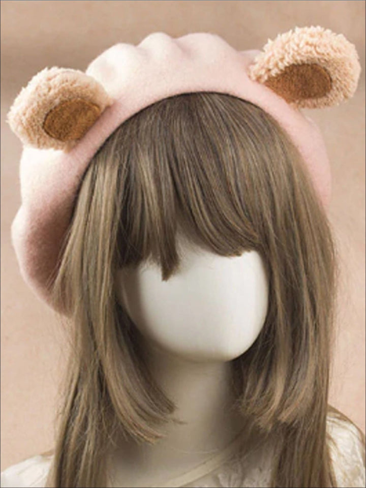 Girls Fall Plush Bear Ear Beret - Light Pink - Girls Berets