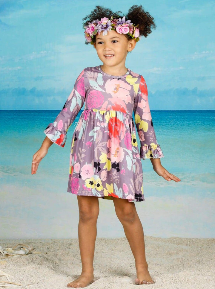 Girls Floral A-Line Long Flared Sleeve Dress - Girls Fall Casual Dress