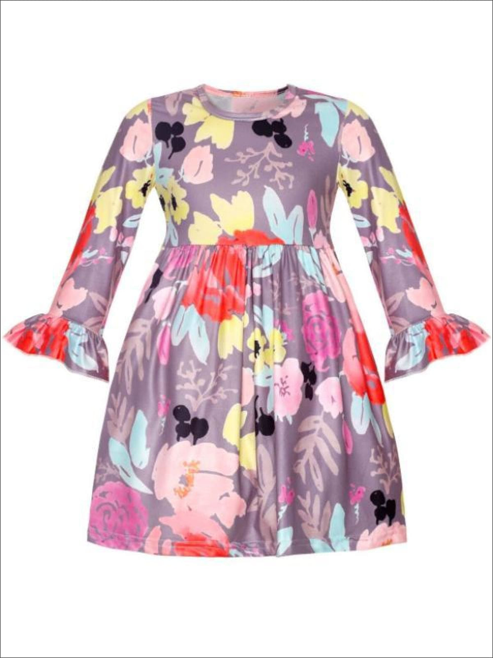 Girls Floral A-Line Long Flared Sleeve Dress - Girls Fall Casual Dress