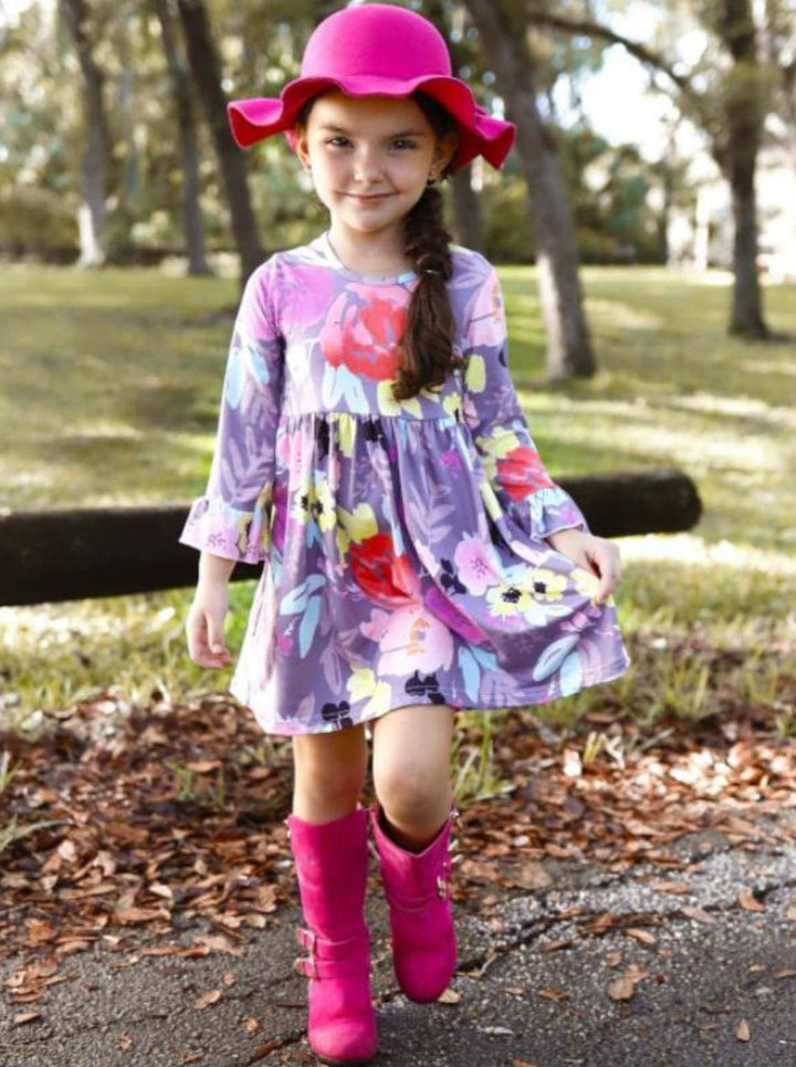 Girls Floral A-Line Long Flared Sleeve Dress - Girls Fall Casual Dress