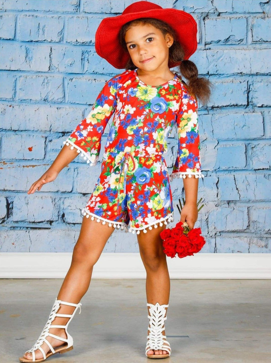 Cute Toddler Outfit | Girls Floral Cold Shoulder Drawstring Romper