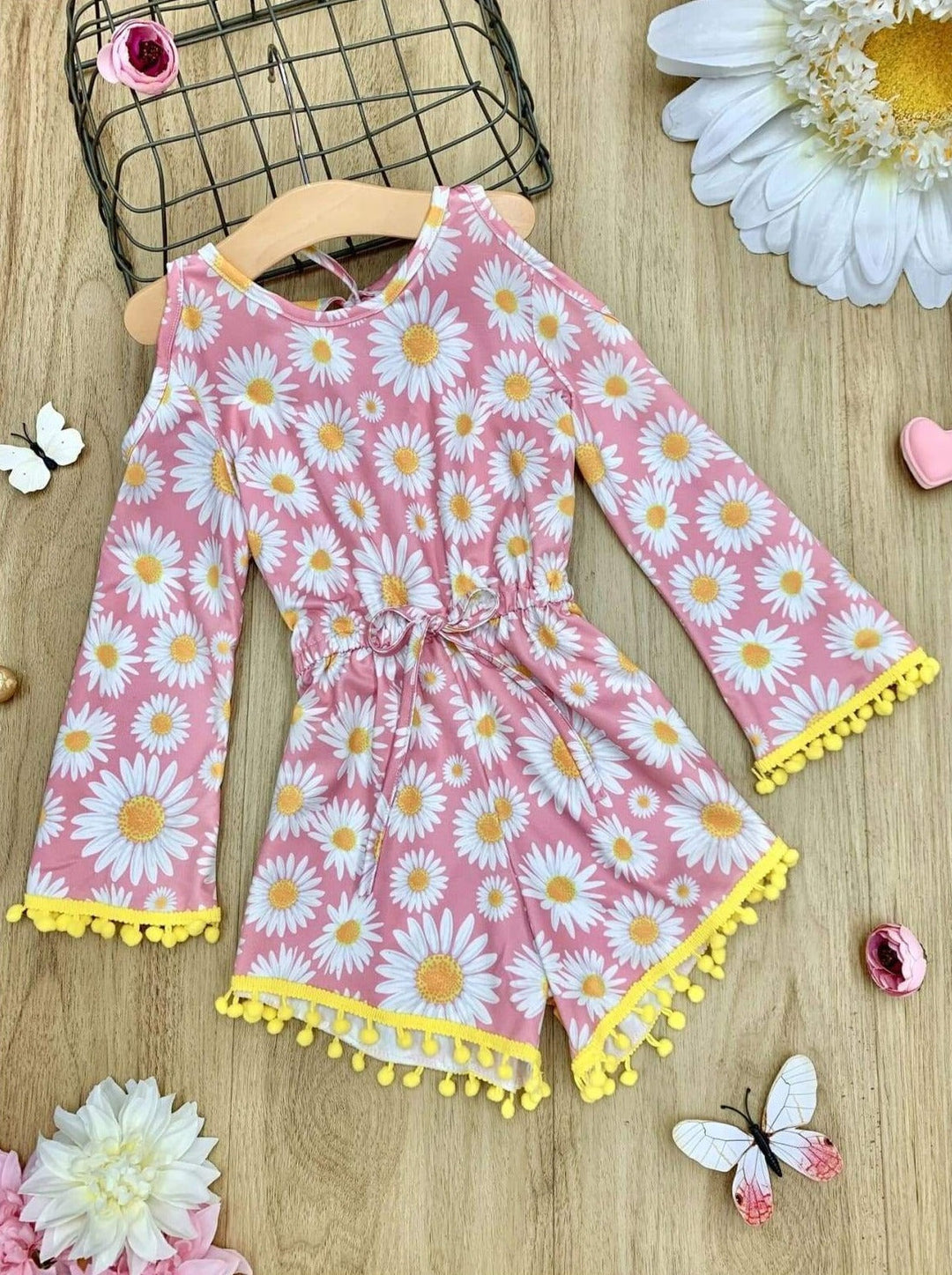 Cute Toddler Outfit | Girls Floral Cold Shoulder Drawstring Romper