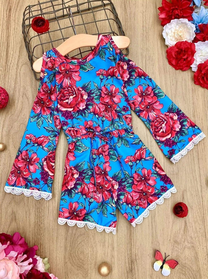 Cute Toddler Outfit | Girls Floral Cold Shoulder Drawstring Romper