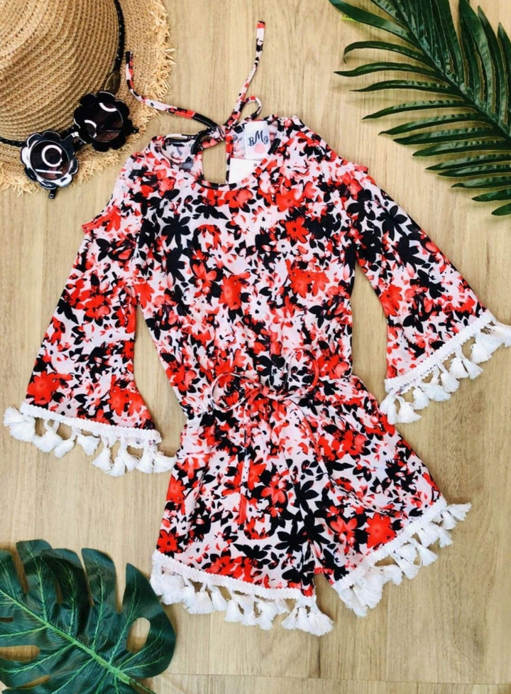 Girls Spring Outfits |  Cold Shoulder Floral Drawstring Tassel Romper 