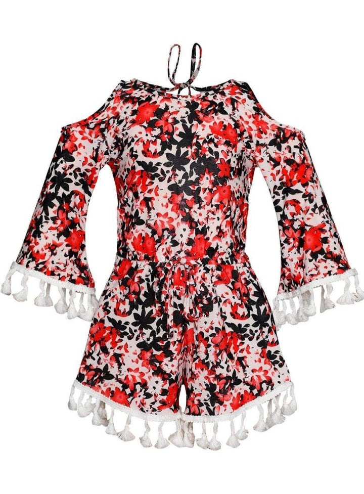 Girls Spring Outfits |  Cold Shoulder Floral Drawstring Tassel Romper 