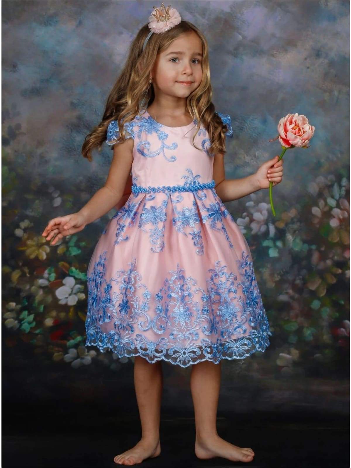 Toddler Spring Party Dresses Girls Blue Floral Lace Princess Dress Mia Belle Girls