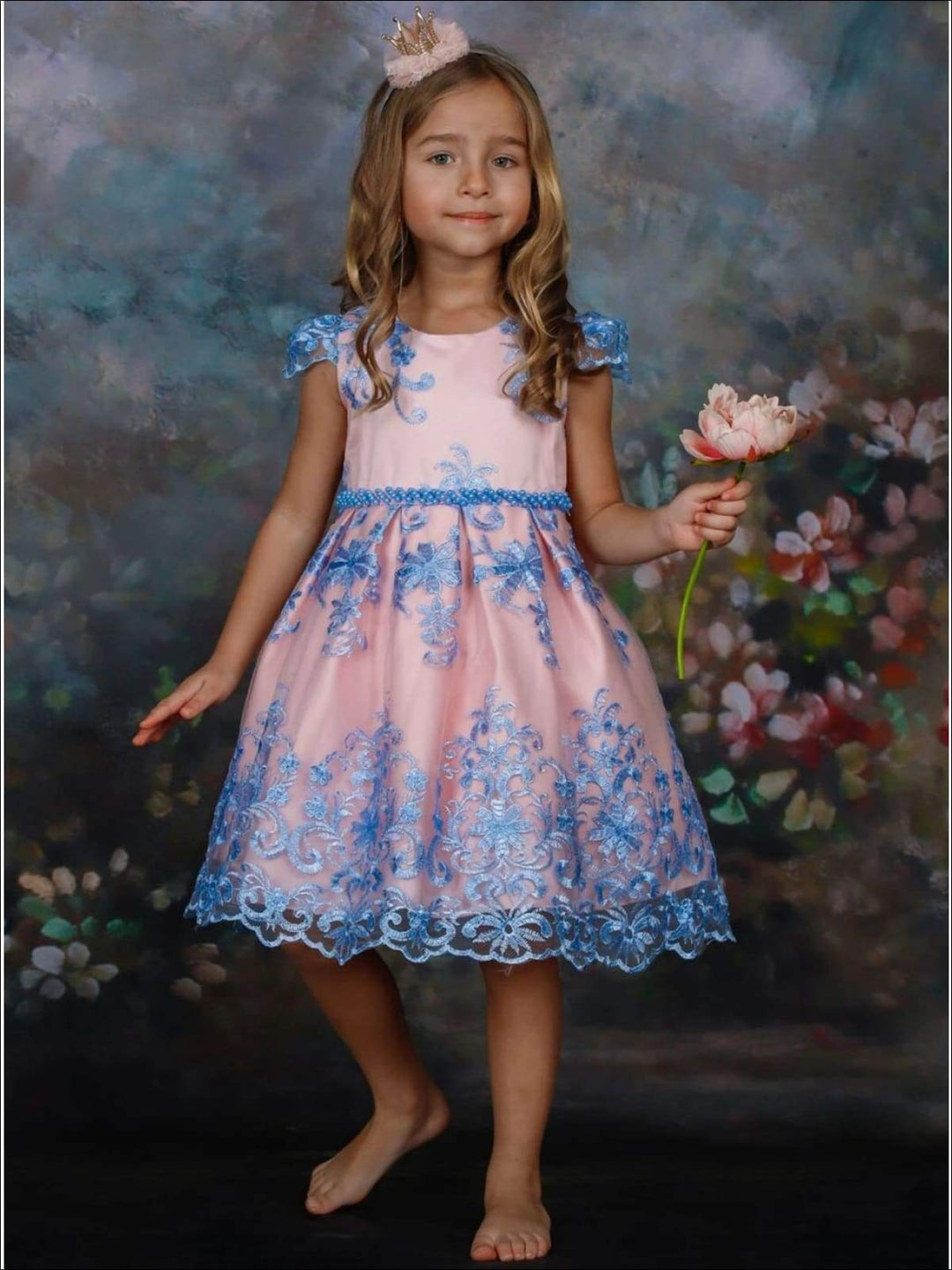 Toddler Spring Party Dresses | Girls Blue Floral Lace Princess Dress