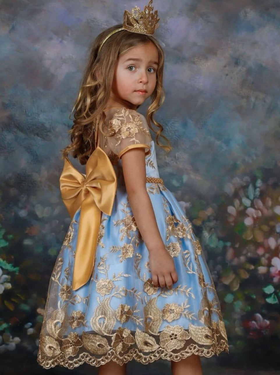 Little Girls Dressy Dresses | Sheer Golden Lace Beaded Princess Dress