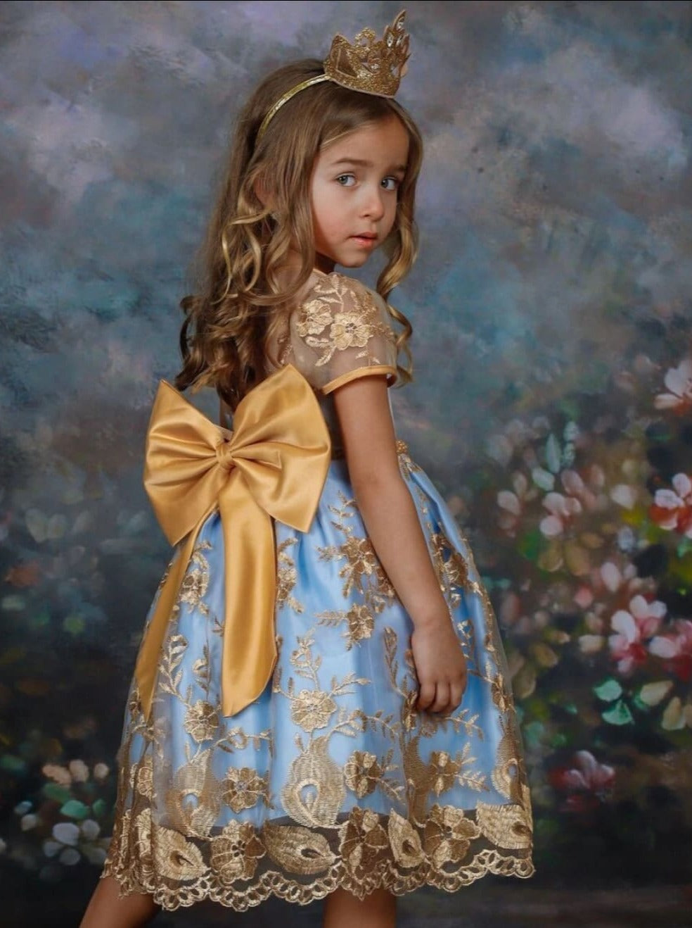 Little Girls Dressy Dresses | Sheer Golden Lace Beaded Princess Dress